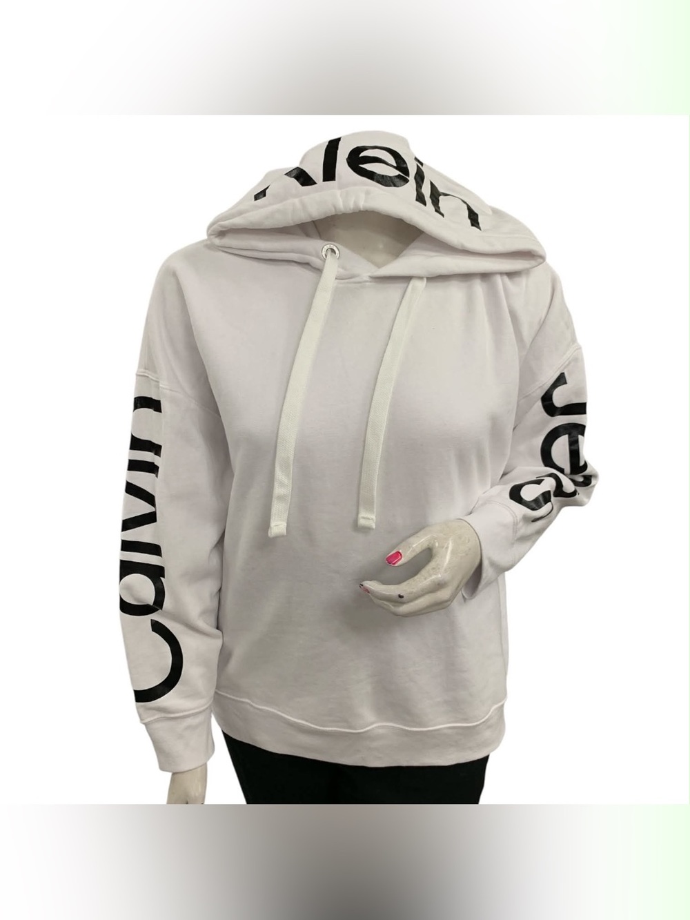 Calvin Klein White Hoodie with Black Logo Sleeves and Hood Size XL